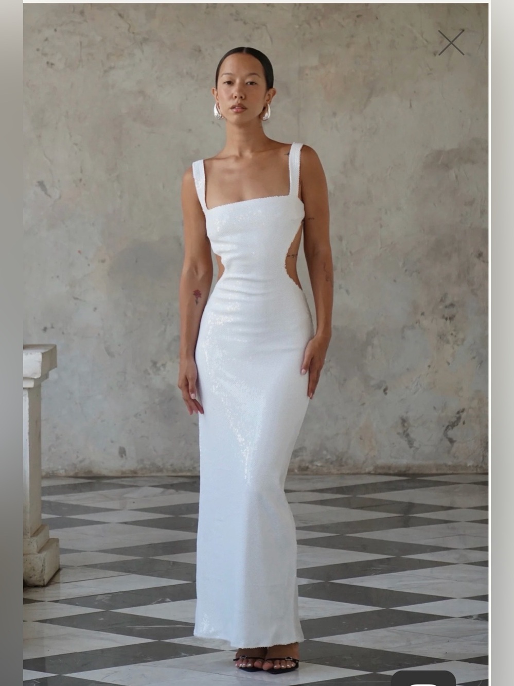 NWT MESHKI Adoria Sequin Cut Out Maxi Dress White Size L